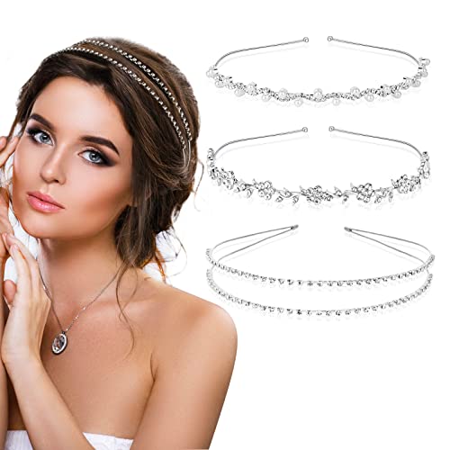 BETESSIN 3Stk. Braut Stirnband Perlen Strass Haarreif Damen Mädchen Kristall Haarand Blumen Glänzend Braut Tiara Hochzeit Doppelschicht Haarschmuck für Brautjungfer Kommunion Prinzessin Party Silber von BETESSIN