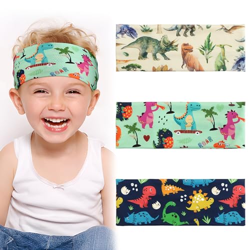 BETESSIN 3Stk. Kinder Haarband Dinosaurier Stirnband Jungen Sport Haarbänder Elastisches Kopfband Mädchen Breite Sportstirnband Headband für Schule Sport Freizeit in 3 Stilen von BETESSIN