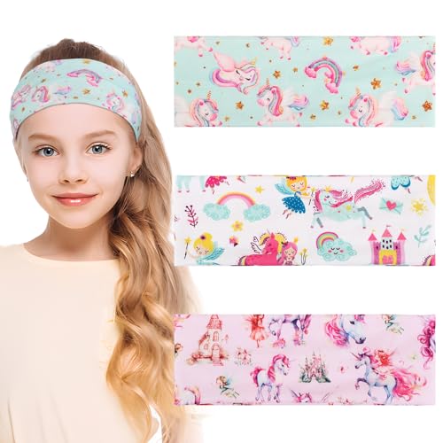 BETESSIN 3Stk. Stirnband Mädchen Kinder Einhörner Haarband Elastisches Kopfband Breite Haarreif Haarschmuck Kopfschmuck für Schule Sport Freizeit in 3 Stilen von BETESSIN