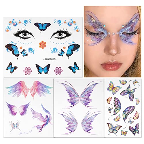 BETESSIN 4 Temporäre Tattoos Schmetterling Glitzer Tattoo Gesicht Körper Aufkleber Wassertransfer Engelsflügel Tattoos Wasserdicht Sticker für Musikfestival Ball Party Cosplay von BETESSIN