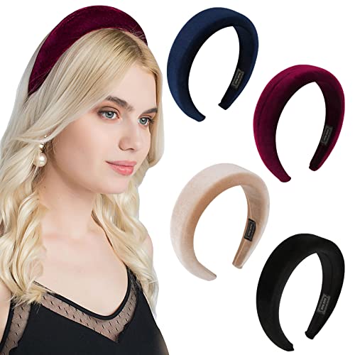 BETESSIN 4Stk. Gepolstert Haarreif Stirnbänder Samt Haaareifen Damen Breite Haarband Haarschmuck Schwamm Kopfband Haar Accessories für Frauen Mädchen Schwarz Blau Rot Aprikose von BETESSIN