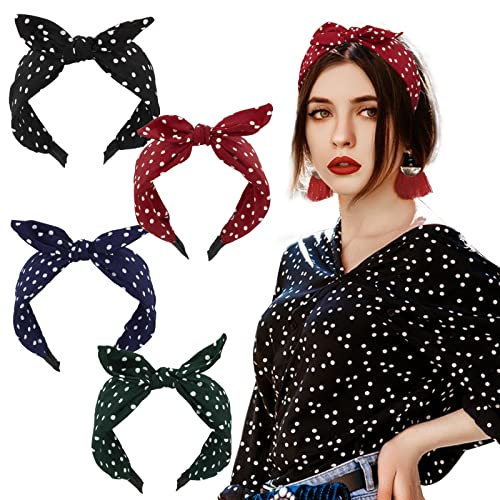 BETESSIN 4Stk. Haarreifen Breit Stirnband Damen Punkte Schleife Haarband Rockabilly Kopfband Vintage Haarschmuck für Mädchen Frauen Rot Schwarz Blau Dunkelgrün von BETESSIN