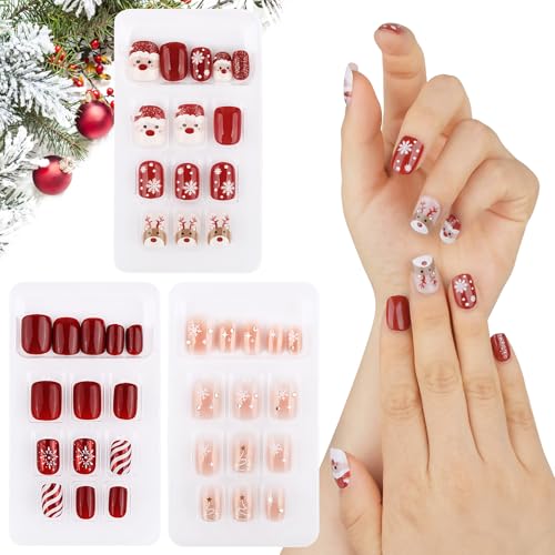 BETESSIN 72Stk. Künstliche Nägel Kurz Weihnachten Nägel zum Aufkleben Rot Kunstnägel Weihnachtsmann Rentier Fingernägel zum Kleben Christmas Nail Art Tipps von BETESSIN