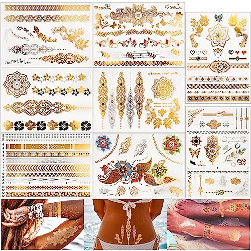 BETESSIN 8Blatt Temporäre Tattoos Gold Metallic Tattoos Festival Wasserdicht Körper Gesicht Klebetattoos Aufkleber für Party Halloween Karneval Cosplay Musikfestival von BETESSIN