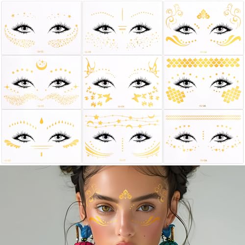 BETESSIN 9 Bögen Gesicht Temporäre Tattoos - Glitzer Gesicht Aufkleber Metallic Gold - Festival Make-up Gesichtstattoos für Karneval, Fasching, Sommerpartys uvm. von BETESSIN