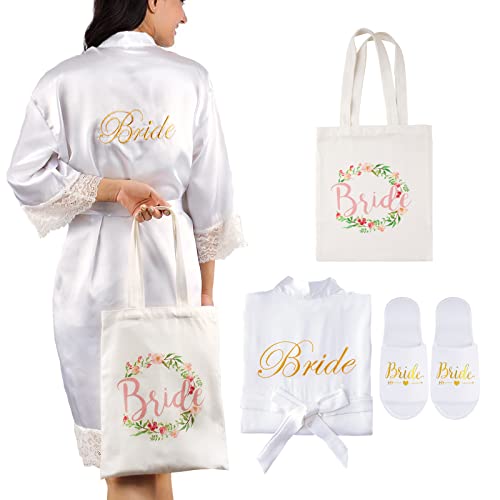 BETESSIN Braut Morgenmantel Satin Bademantel Bride Kimono + Bride Hausschuhe + Bride Stoffbeutel Frauen JGA Accessoires Set für JGA Hochzeit Partydeko von BETESSIN