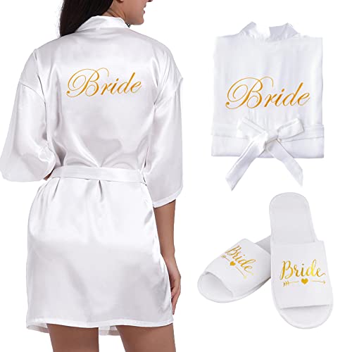 BETESSIN Bride Morgenmantel Damen Bademantel Satin Kimono V Ausschnitt Nachtwäsche mit Hausschuhe für Hochzeit JGA Partydeko von BETESSIN