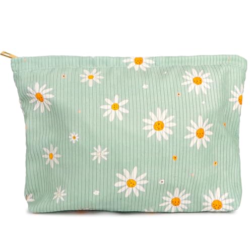 BETESSIN Kosmetiktasche Damen 26x18x5cm – Kulturtasche Grün mit Gänseblümchenmuster – Schminktasche Cord – Make up Tasche mit Reißverschluss – Reise Kosmetiktasche für Damen & Mädchen von BETESSIN