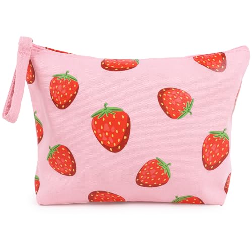 BETESSIN Kosmetiktasche Klein für Handtasche - Schminktäschchen mit Erdbeeren Motiv - Kulturtasche Damen Rosa - Make up Tasche mit Reißverschluss - Kleine Geschenke für Frauen & Mädchen von BETESSIN