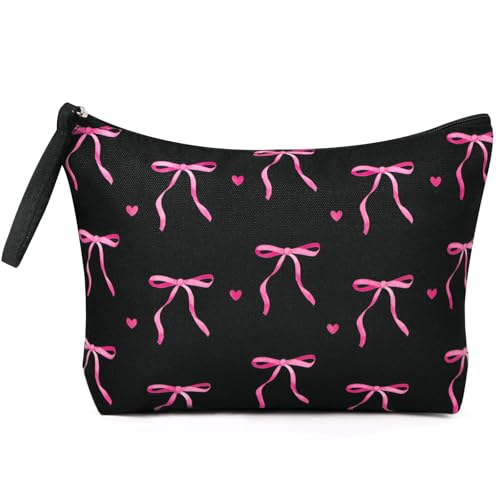 BETESSIN Kosmetiktasche Klein für Handtasche - Schminktäschchen mit Schleifen Motiv - Kulturtasche Damen Schwarz - Make up Tasche mit Reißverschluss - Kleine Geschenke für Frauen & Mädchen von BETESSIN