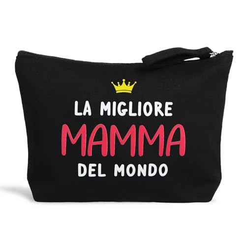 BETESSIN Kosmetiktasche Klein für Handtasche - la Migliore Mamma del Mondo - Schminktäschchen mit Italienischen Sprüchen - Kulturtasche Damen Schwarz - Make up Tasche mit Reißverschluss von BETESSIN