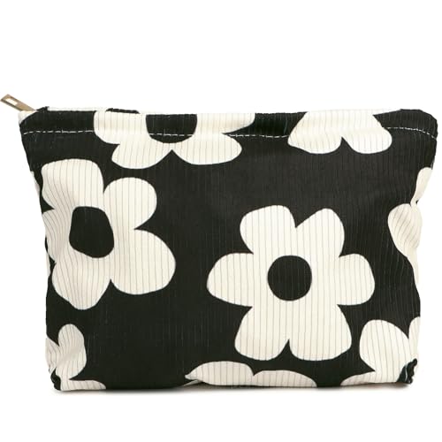 BETESSIN Kulturtasche Damen Schwarz - Kosmetiktasche Cord mit Blumenmuster - Multifunktionaler Schminktasche für Reisen - Make up Tasche mit Reißverschluss - Kosmetiktasche für Damen & Mädchen von BETESSIN