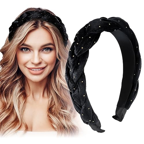 BETESSIN Samt Haarreif Dirndl Geflochten Stirnband Breit Haarband Gepunkte Vintage Gepolsterte Haarreifen Trachten Haarschmuck Rockabilly Kopfband für Damen und Mädchen Schwarz von BETESSIN