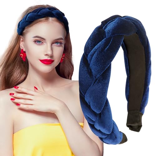 BETESSIN Samt Haarreif Dirndl Geflochten Stirnband Breit Haarband Vintage Gepolsterte Haarreifen Trachten Haarschmuck Rockabilly Kopfband für Damen und Mädchen Dunkelblau von BETESSIN