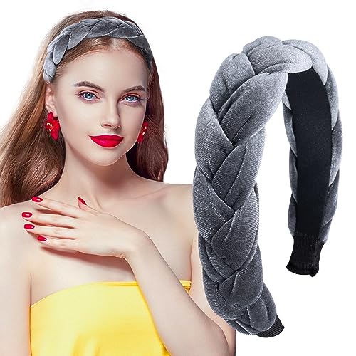 BETESSIN Samt Haarreif Dirndl Geflochten Stirnband Breit Haarband Vintage Gepolsterte Haarreifen Trachten Haarschmuck Rockabilly Kopfband für Damen und Mädchen Grau von BETESSIN