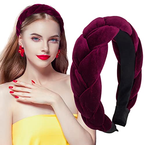 BETESSIN Samt Haarreif Dirndl Geflochten Stirnband Breit Haarband Vintage Gepolsterte Haarreifen Trachten Haarschmuck Rockabilly Kopfband für Damen und Mädchen Dunkelrot von BETESSIN