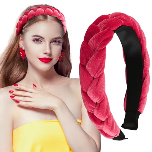 BETESSIN Samt Haarreif Dirndl Geflochten Stirnband Breit Haarband Vintage Gepolsterte Haarreifen Rockabilly Trachten Haarschmuck Kopfband für Damen und Mädchen Rot von BETESSIN