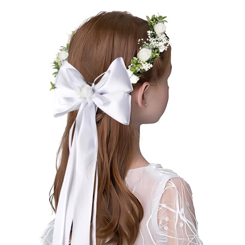 BETESSIN Stirnband Kommunion Mädchen Haarkranz Taufe Haarschmuck mit Schaumrosen Grüne Blätter Prinzessin Haarreif Hochzeit Blumenmädchen Kopfschmuck Weiß Haarband mit Blüten Satinband von BETESSIN