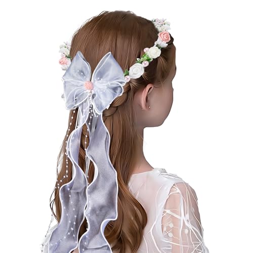 BETESSIN Stirnband Kommunion Mädchen Haarkranz Taufe Haarschmuck mit Schaumrosen Prinzessin Haarreif Hochzeit Blumenmädchen Kopfschmuck Weiß Rosa Haarband mit Blüten Perlen von BETESSIN