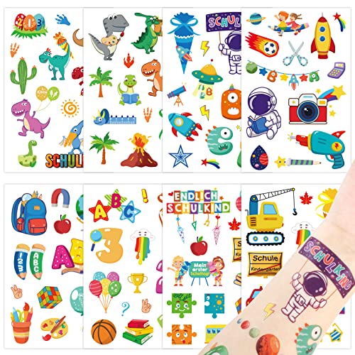 Einschulung Tattoos Jungen 8 Bögen 10x15cm Schulkind Tattoos Kinder Schulanfang Aufkleber Einschulung Kindertattoos für 1. Schultag Geschenk Schuleinführung Mitbringsel Einschulungsfeier usw. von BETESSIN