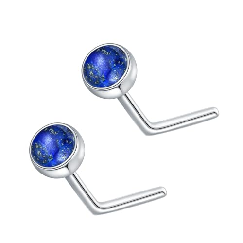 BETHZA 2pcs Lapis Lazuli Nase Ring 925 Sterling Silber 3mm Echter Lapis Edelstein L geformte Nase Stud Ring Piercing Schmuck Geschenke für Frauen von BETHZA