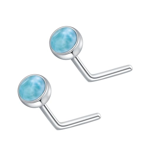 BETHZA 2pcs Larimar Nase Ring 925 Sterling Silber 3mm Echte Larimar Edelstein L geformte Nase Stud Ring Piercing Schmuck Geschenke für Frauen von BETHZA