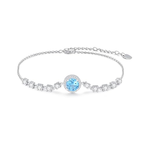 BETHZA Blautopas Kette,Edelstein Kette mit natürlichen Topas Armbnad mit Geburtsstein,925 Sterling Silber Verstellbares Glitzer Armband Schmuck Geschenke für Damen Frauen Freundin Ehefrau Mutter von BETHZA