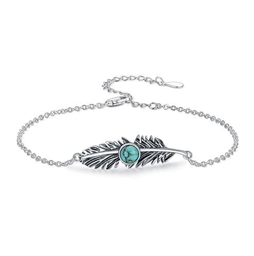 BETHZA Feder Türkis Armband Damen Sterling Silber Armband mit echten Türkis Edelstein Armband Verstellbar Geschenk für Geburtstag Muttertag (7+2 Zoll), Una talla, Silber, Turquoise von BETHZA