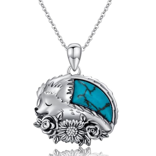 BETHZA Igel-Halskette 925er-Sterlingsilber echter Türkis-Edelstein Igel-Anhänger Tier Vintage-Schmuck Geschenke für Frauen von BETHZA
