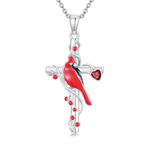 Kardinalkreuz Halskette 925 Sterlingsilber Natürlicher Granat Roter Vogel Kardinal Religiöses Kreuz Anhänger für Frauen Ich bin immer bei dir Gedenkschmuck zum Geburtstag von BETHZA