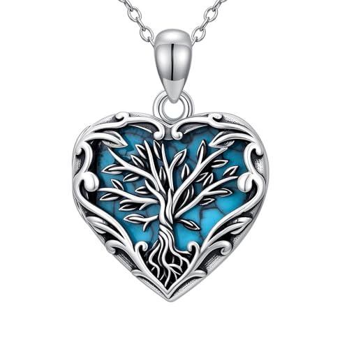 BETHZA Medaillon-Halskette mit echtem Türkis und Lebensbaum für 1 Bild herzförmiger Foto-Medaillon-Anhänger aus 925er Sterlingsilber für die Ehefrau von BETHZA