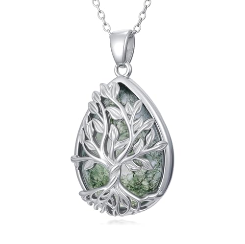 BETHZA Moosachat-Halskette mit Lebensbaum 925er Sterlingsilber echter Moosachat-Edelstein Stammbaum-Anhänger für Damen von BETHZA