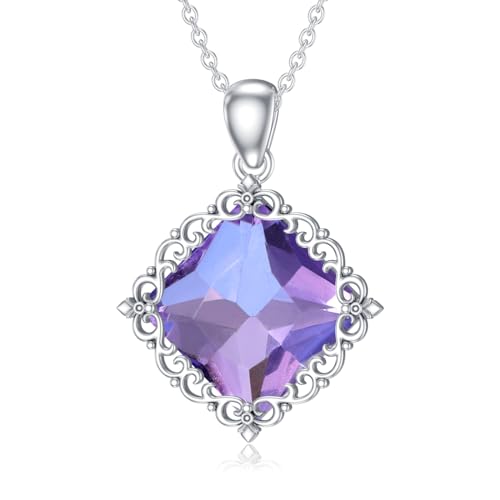 BETHZA Natürlicher Amethyst-Halskette für Damen 925er-Sterlingsilber quadratisch authentischer violetter Februar-Geburtsstein Edelstein-Anhänger Schmuck Geschenk von BETHZA