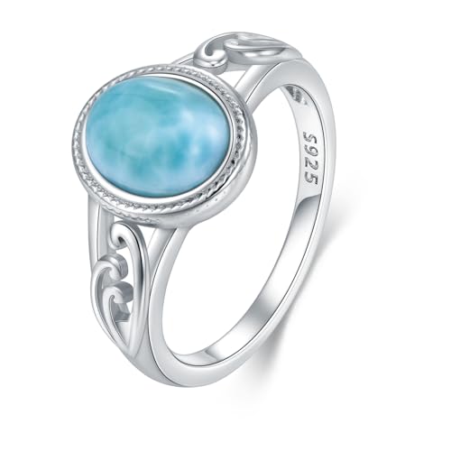 BETHZA Natürlicher Larimar-Ring 925er-Sterlingsilber oval blauer Larimar-Edelstein Sommerschmuck Strandschmuck für Damen Größe 20.75 von BETHZA