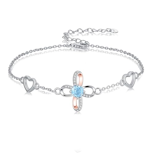 Natürlicher Schweizer Blautopas Unendlichkeits-Armband 925 Sterlingsilber Offene Schleife Kreuz Geburtsstein Verstellbare Kette Armband für Frauen Geschenk zum Geburtstag von BETHZA