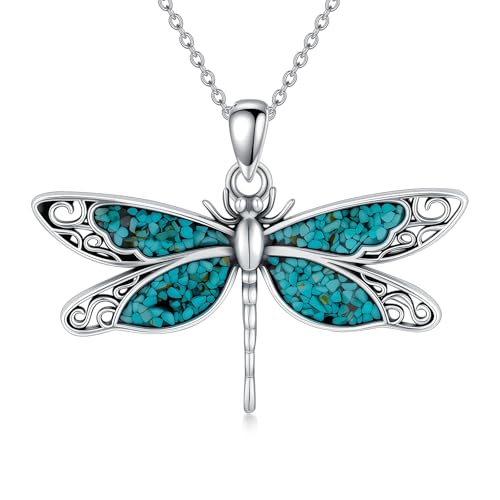 BETHZA Natürlicher Türkis-Libellen-Anhänger 925 Sterling Silber Boho Vintage Halskette für Damen Western Schmuck Geschenk zum Geburtstag von BETHZA
