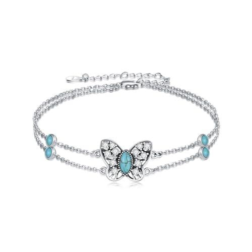 BETHZA Natürlicher Türkis Schmetterlings Armband 925 Sterlingsilber Schmetterling Verstellbar Mehrlagig Fußkettchen Armband für Frauen Strand Sommer Schmuck Geschenk zum Geburtstag von BETHZA