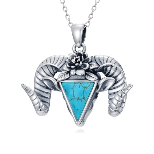 BETHZA Natur Türkis Dickhornschaf Halskette für Frauen 925 Sterling Silber Schafschädel Anhänger Vintage Boho Western Schmuck Geschenk zum Geburtstag von BETHZA