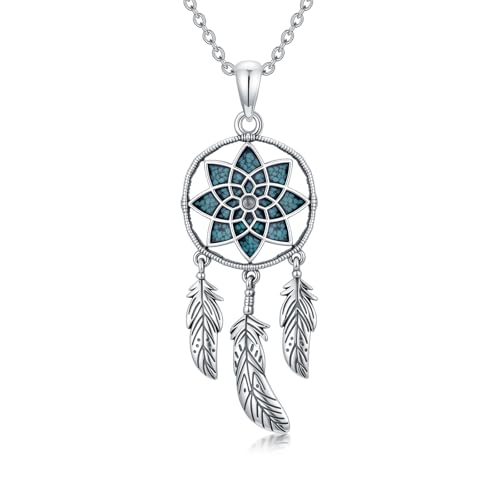 BETHZA Natur Türkis Feder Traumfänger Halskette für Frauen 925 Sterling Silber Böhmischer Traumfänger Anhänger Retro Western Schmuck Geschenke zum Geburtstag von BETHZA