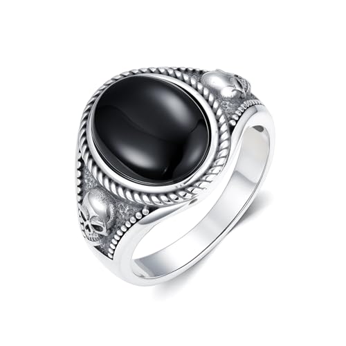 BETHZA Schwarzer Onyx Totenkopfring für Herren 925er Sterlingsilber Gothic Vintage ovaler schwarzer Onyx Totenkopfring Schmuck Geschenk für den Vater Größe 59.5 von BETHZA