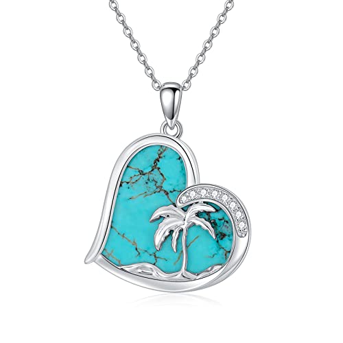 BETHZA Türkis Palme Halskette 925 Sterling Silber Echte Türkis Herz Anhänger Sommer Strand Schmuck Geschenke für Frauen von BETHZA