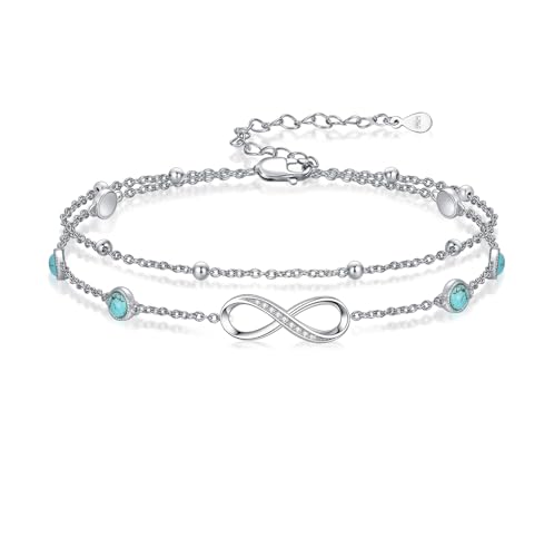 BETHZA Türkis-Unendlichkeits-Fußkettchen 925er Sterlingsilber echter Türkis verstellbar mehrlagiges Fußkettchen Armband Schmuck Geschenke für Frauen von BETHZA