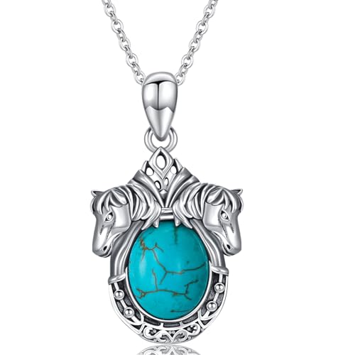 BETHZA Türkisfarbene Pferdehalskette für Damen 925er-Sterlingsilber echter blauer Türkis Glücksbringer-Hufeisen-Anhänger Geschenke für Pferdeliebhaber von BETHZA