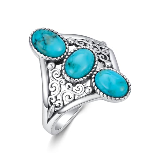 BETHZA Türkisringe für Damen 925er Sterlingsilber 3 Steine echter Türkisring Boho-Western-Schmuck Geschenke Größe 15.75 von BETHZA