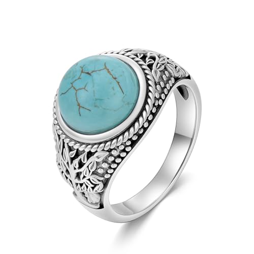 BETHZA Türkisringe für Herren 925er Sterlingsilber Lebensbaum echter runder Türkis-Edelsteinring Schmuck Geschenke für den Vater Größe 62.5 von BETHZA