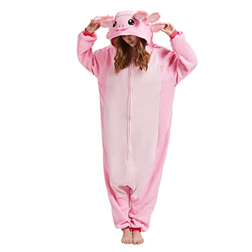 BETIFUHOM Animal Axolotl Onesie Pyjama Unisex Erwachsene Weihnachten Einteiler Kostüm Cosplay für Damen Herren, Rosa Axolotl Einteiler Pyjama, X-Large von BETIFUHOM