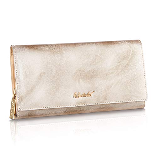 BETLEWSKI® - Geldbörse für Damen aus Leder - RFID Blocker Karten Portemonnaie - Geldbeutel Damen mit Zertifikat - Ledergeldbörse mit vielen Kartenfächer und Münzfach in Silber - 19,5 x 10,5 x 3,5 cm von BETLEWSKI