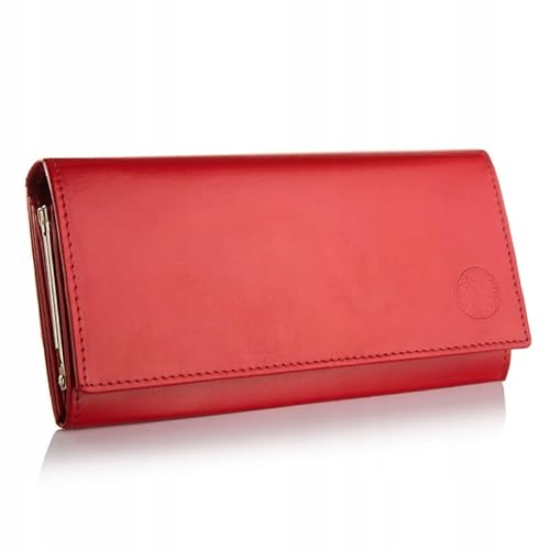 BETLEWSKI - Kleine Geldbörse für Damen aus Leder - RFID Blocker Karten Portemonnaie - Geldbeutel Klein - Natur Ledergeldbörse mit vielen Kartenfächer und Münzfach - 19 x 10,2 x 3,7 cm (Rot) von BETLEWSKI