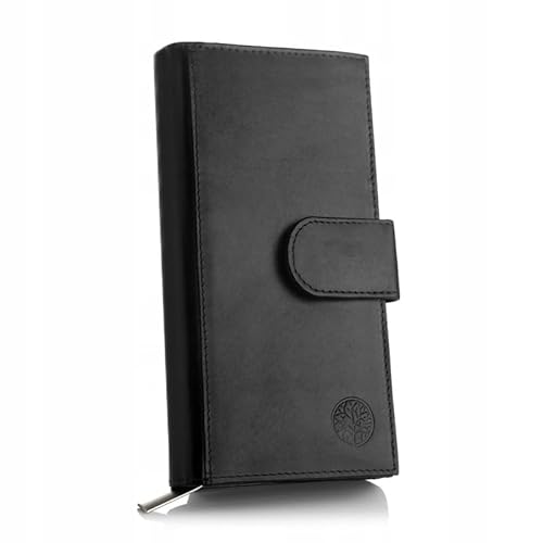 BETLEWSKI - Kleine Geldbörse für Damen aus Leder - RFID Blocker Karten Portemonnaie - Geldbeutel Klein - Natur Ledergeldbörse mit vielen Kartenfächer und Münzfach - 19 x 11,2 x 4,4 cm (Schwarz) von BETLEWSKI