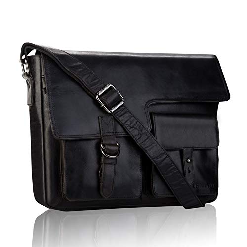 BETLEWSKI Umhängetasche Herren Leder Schultertasche Herrentasche für Arbeit Reise Alltagsleben | im Vintage Look, 29 x 39 x 15 (Schwarz) von BETLEWSKI